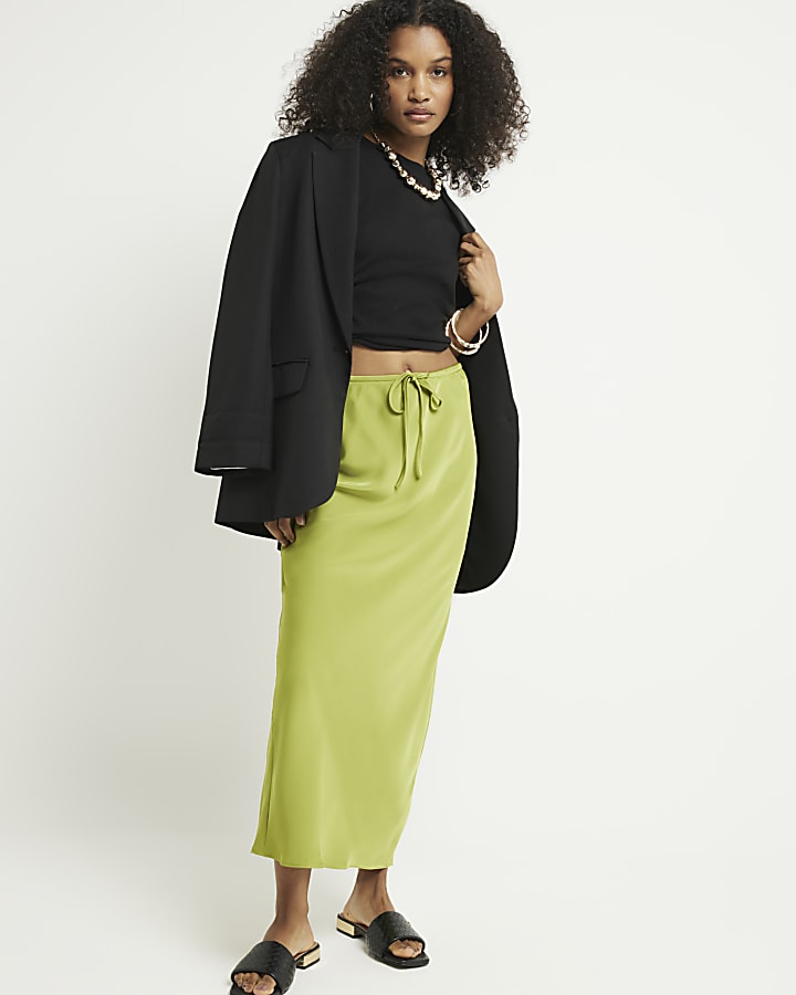 Green tie waist satin maxi skirt