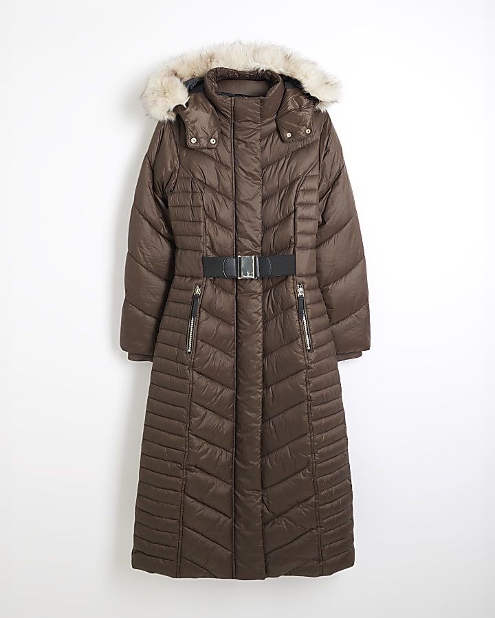 Brown long line slim padded coat