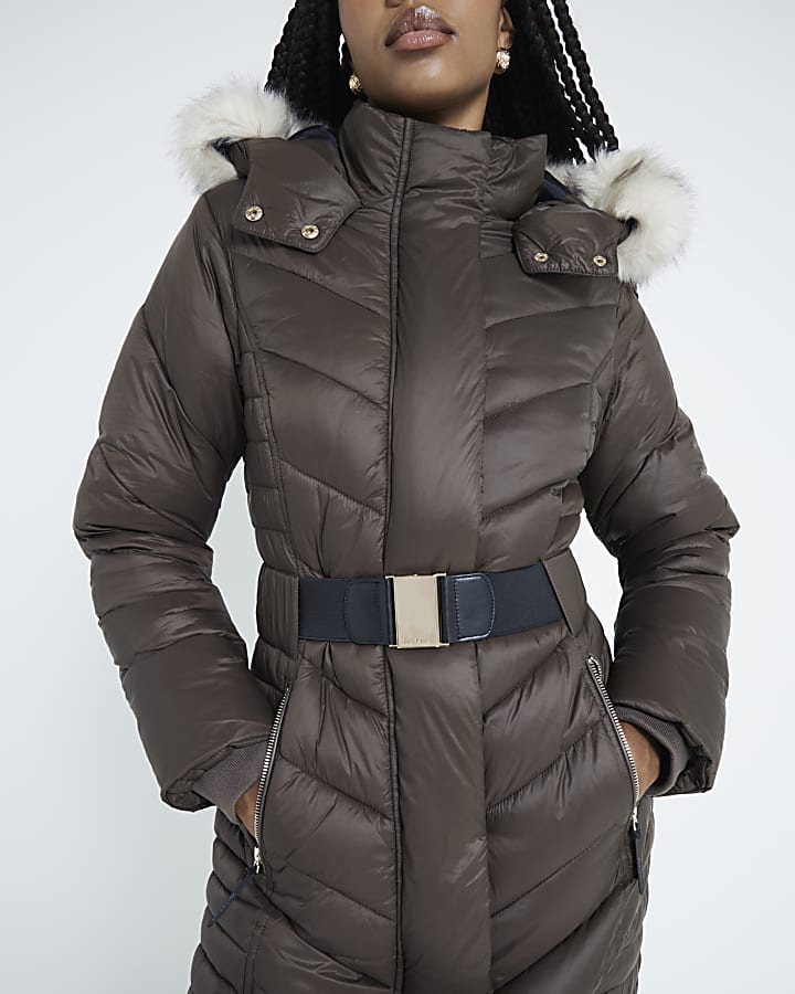 Brown long line slim padded coat