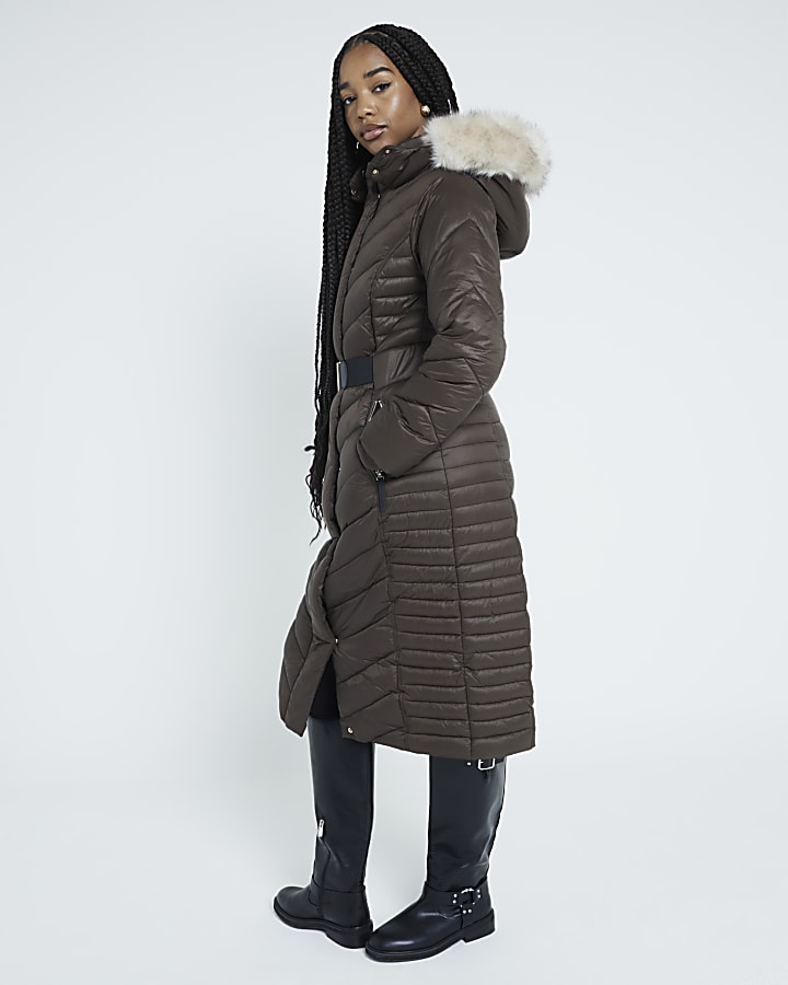 Brown long line slim padded coat