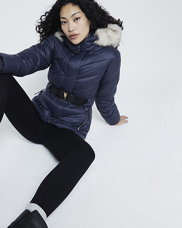 Navy Slim Padded Jacket River Island