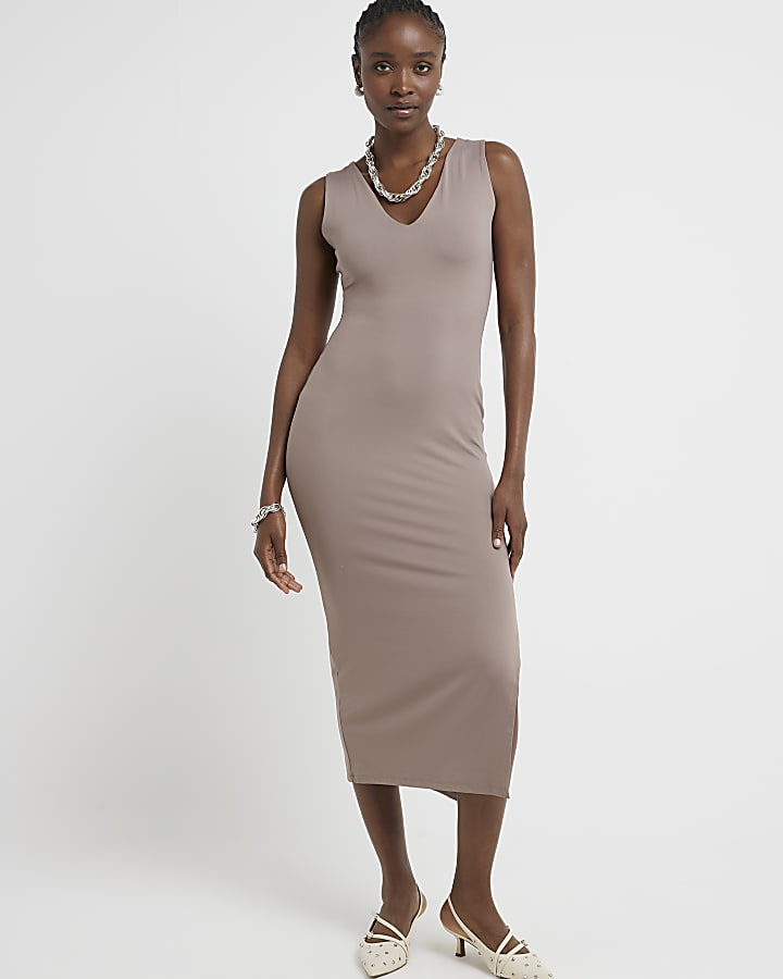 Brown V neck bodycon midi dress