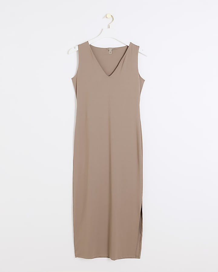 Brown V neck bodycon midi dress