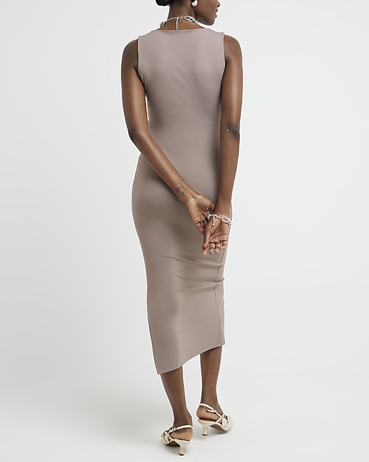 Brown V neck bodycon midi dress