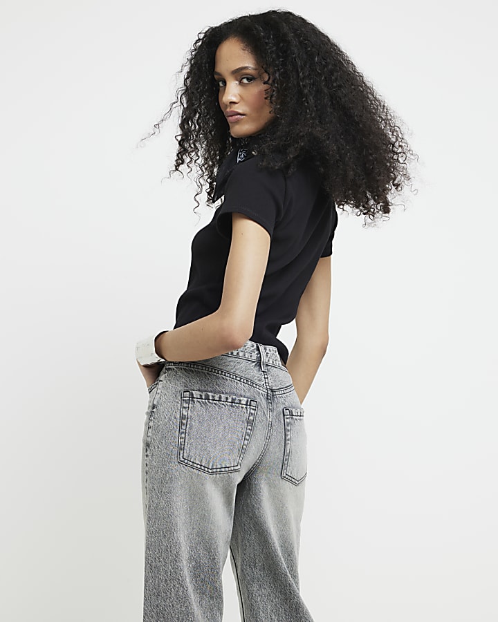 Grey relaxed straight fit cropped jeans