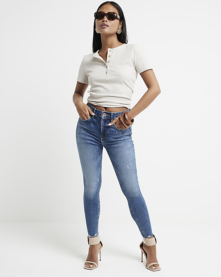 Petite blue high waisted skinny jeans River Island