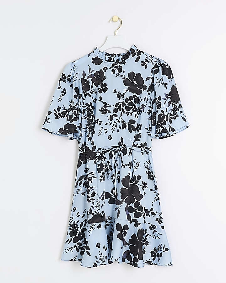 Blue satin floral tie waist swing mini dress