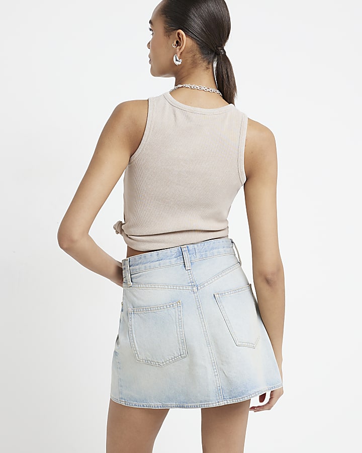 Blue pleated denim mini skirt