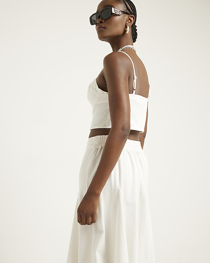 White denim button up midi skirt