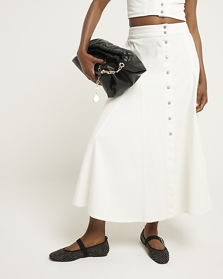 White denim button up midi skirt