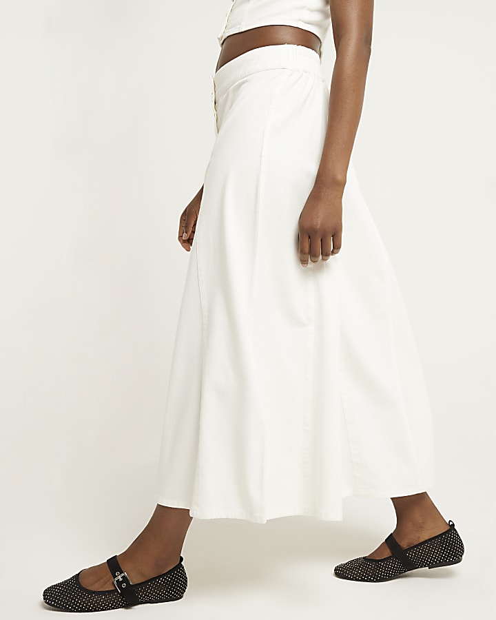 White denim button up midi skirt