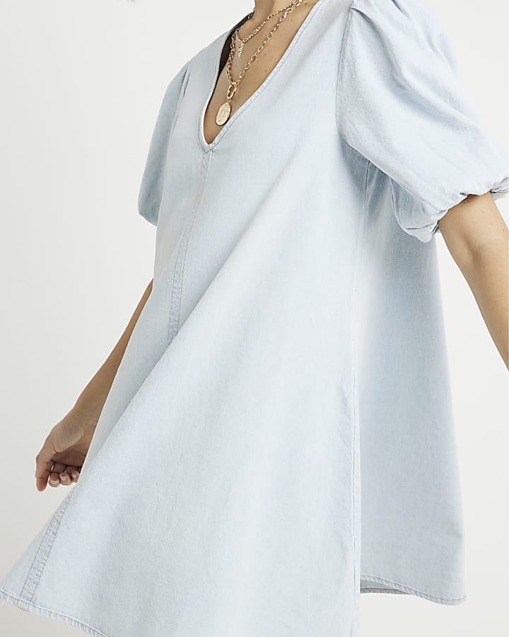 Blue denim puff sleeve smock mini dress