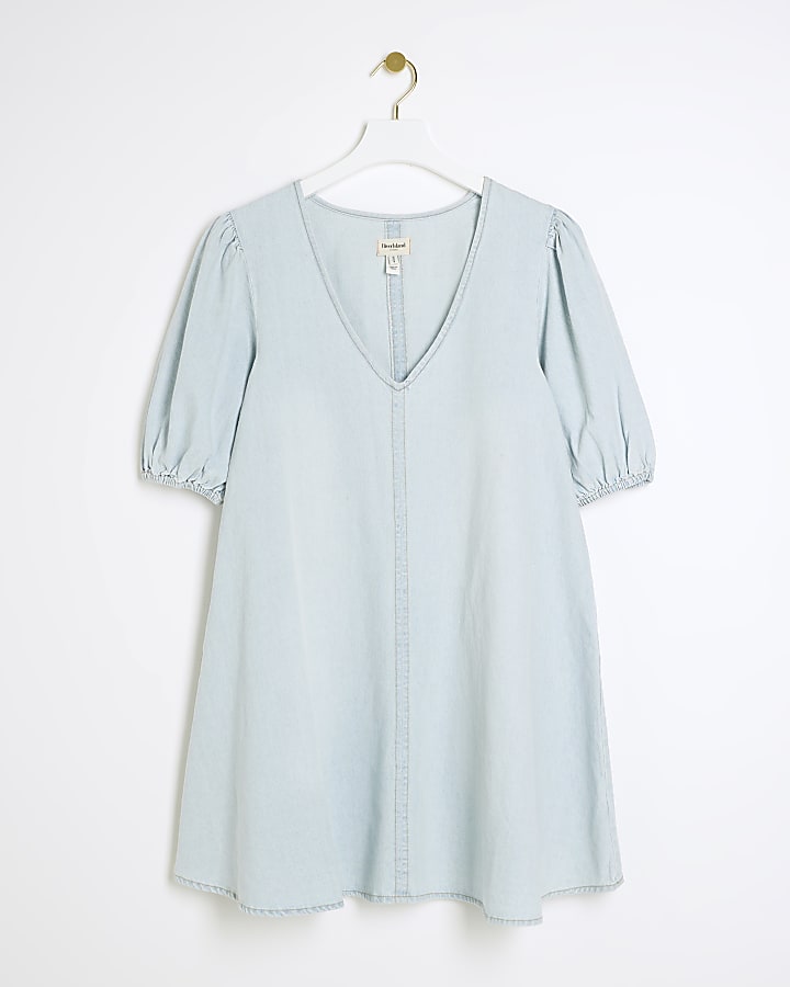 Blue denim puff sleeve smock mini dress