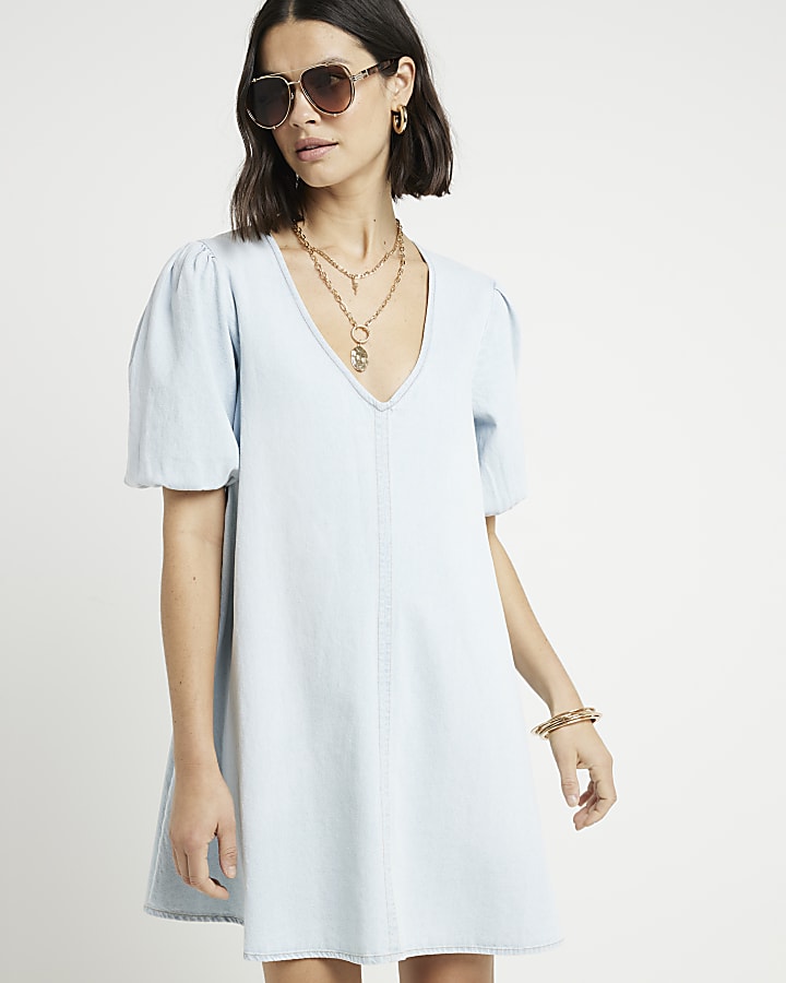 Blue denim puff sleeve smock mini dress