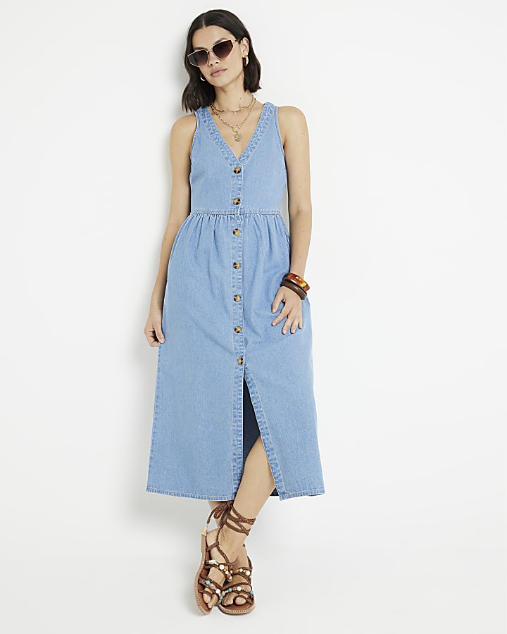 Blue denim button up smock midi dress