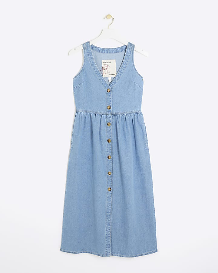 Blue denim button up smock midi dress