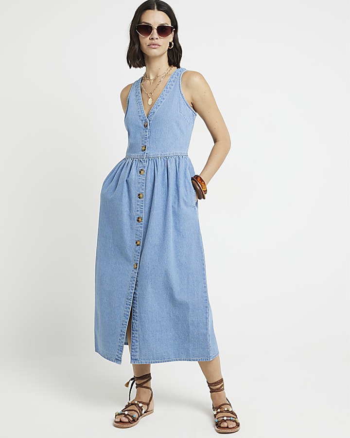 Blue denim button up smock midi dress