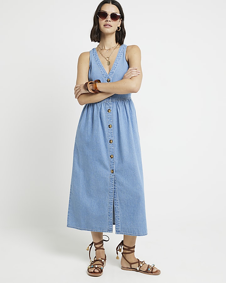 Blue denim button up smock midi dress