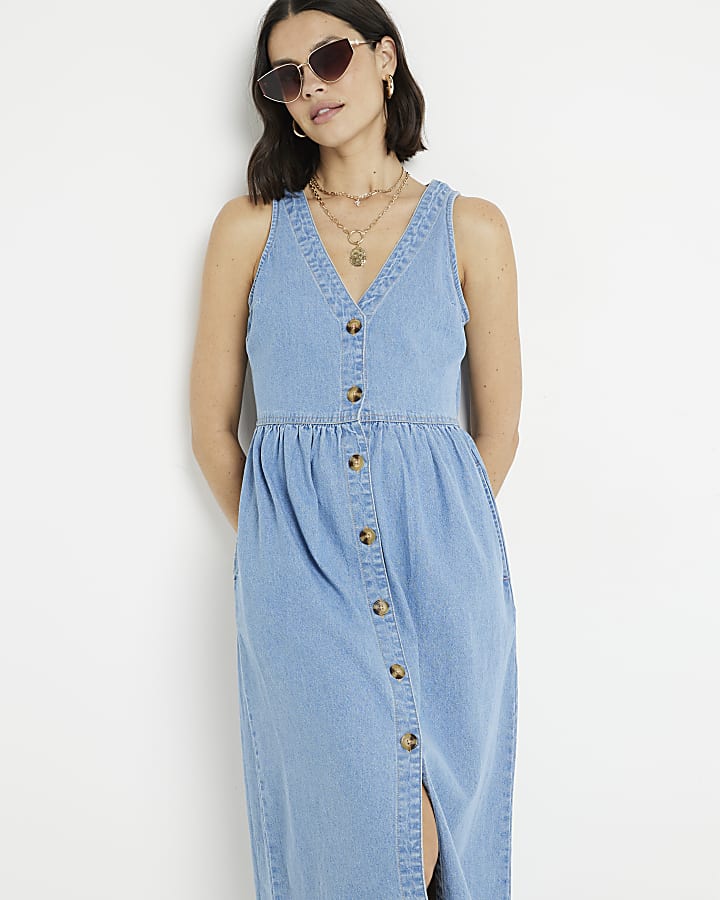 Blue denim button up smock midi dress