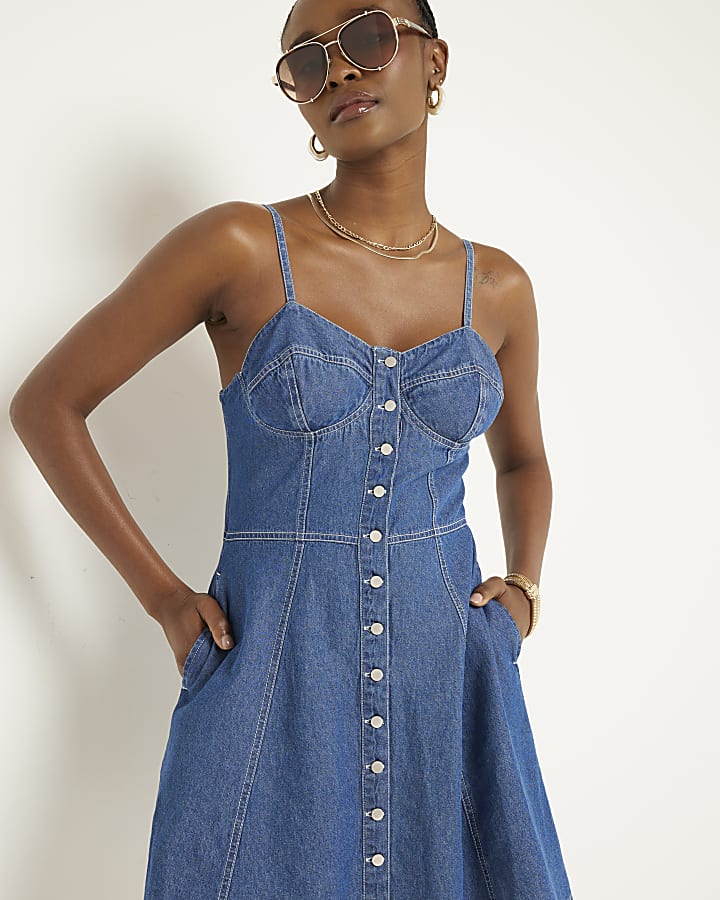 Blue denim button up shift mini dress