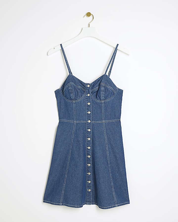 Blue denim button up shift mini dress