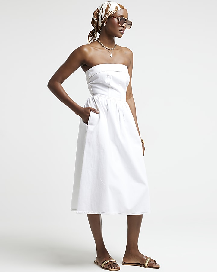 White denim bandeau midi dress