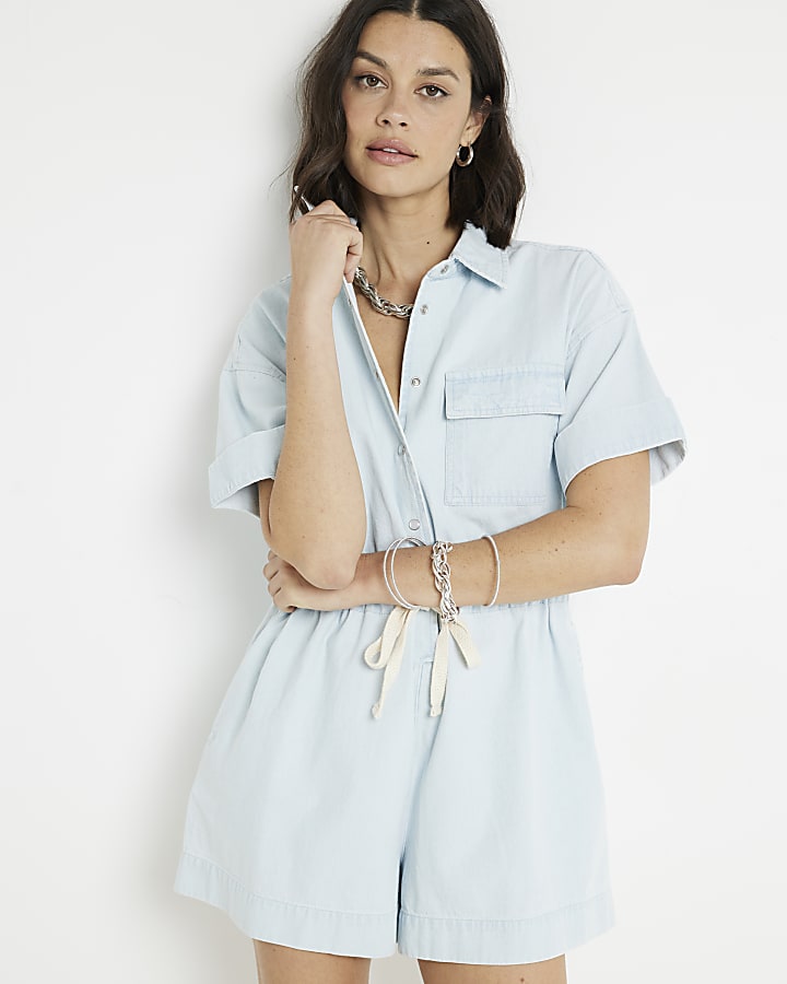 Blue Denim Short Sleeve Playsuit