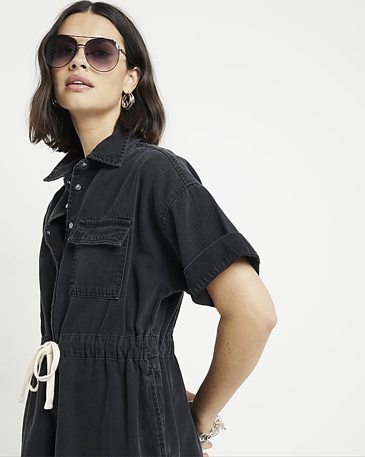 Black denim short sleeve playsuit