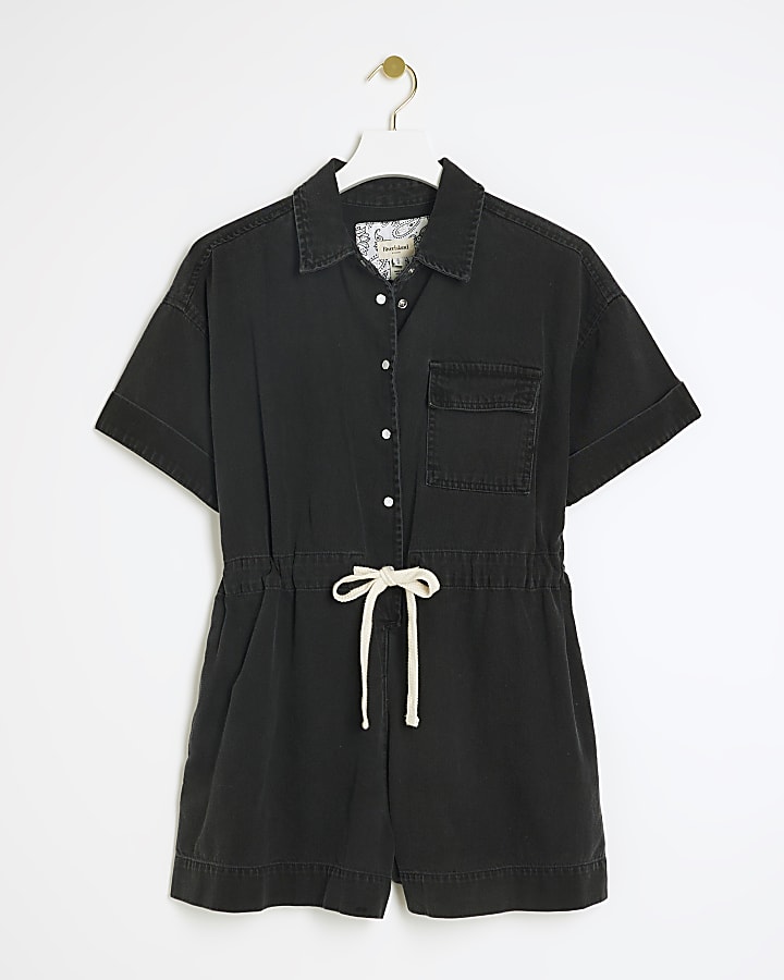 Black denim short sleeve playsuit