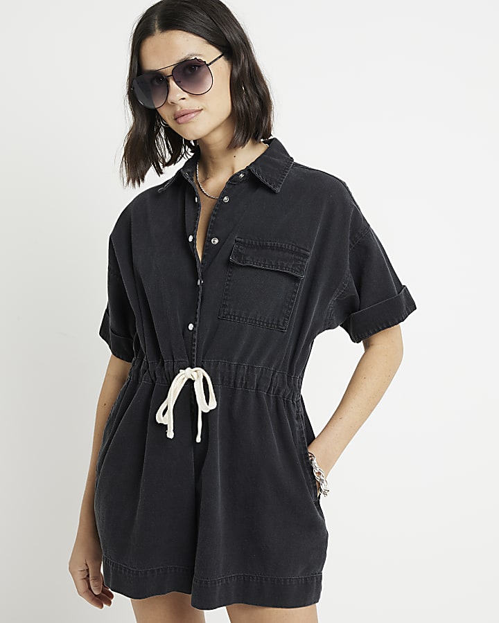 Black denim short sleeve playsuit