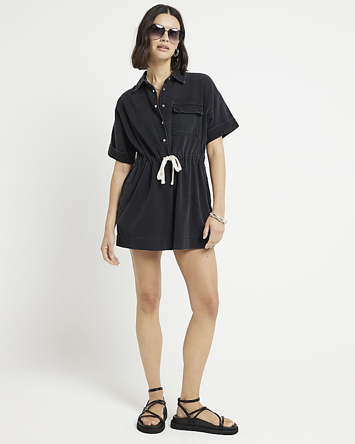 Black denim short sleeve playsuit