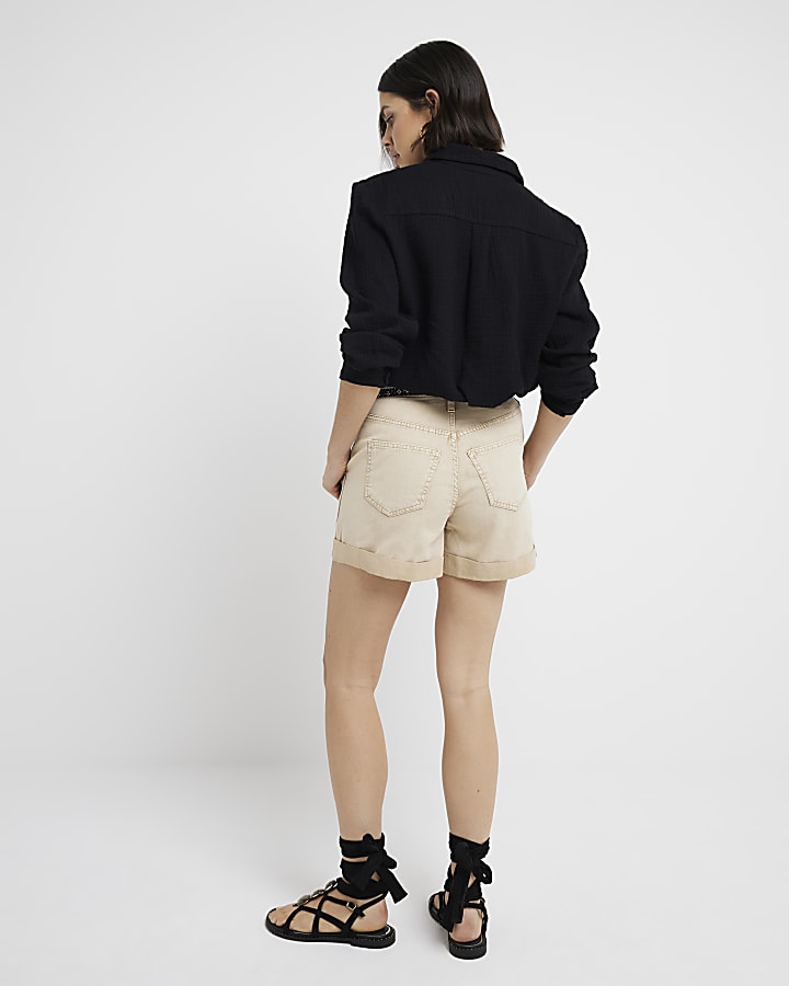 Beige belted twill cargo shorts