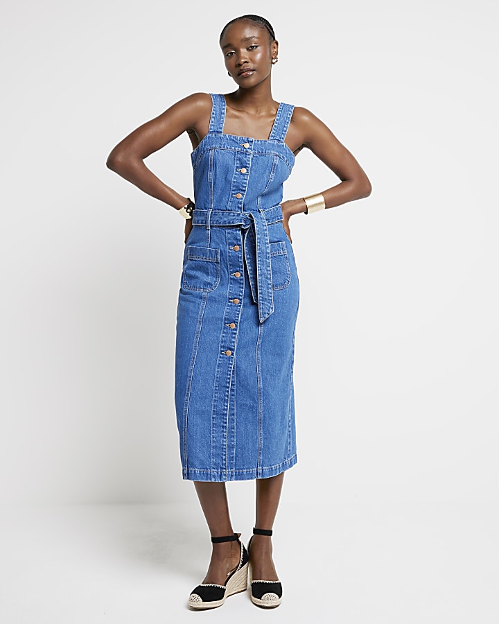 Blue denim belted bodycon midi dress