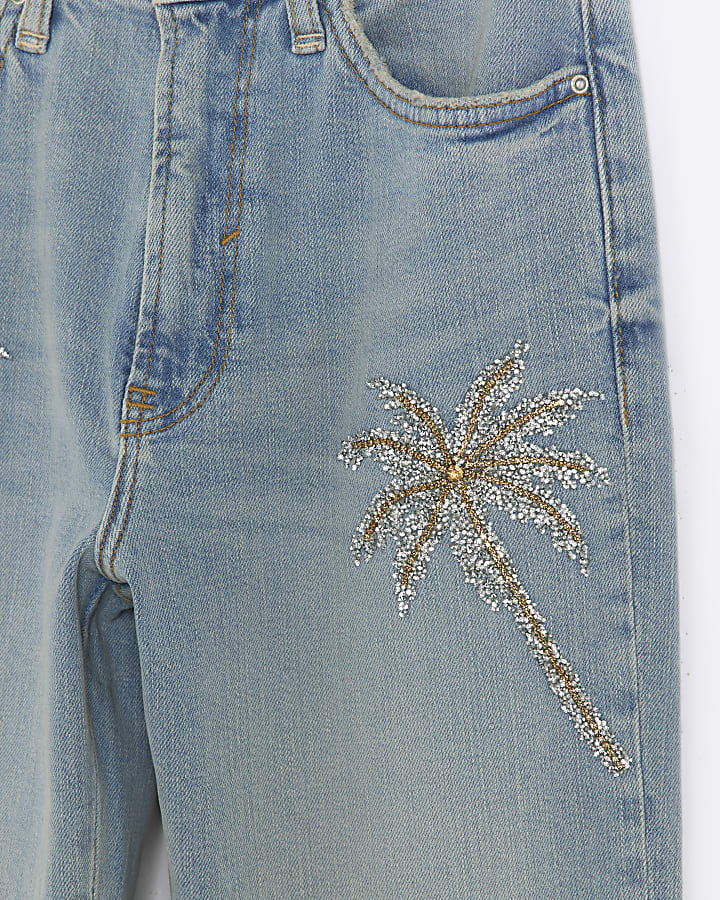 Blue slim straight fit embellished jeans