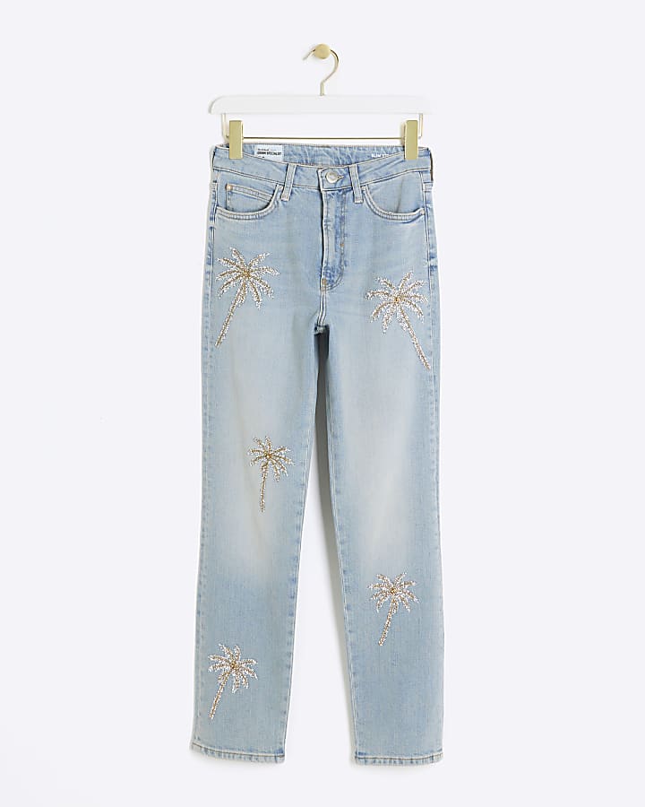 Blue slim straight fit embellished jeans