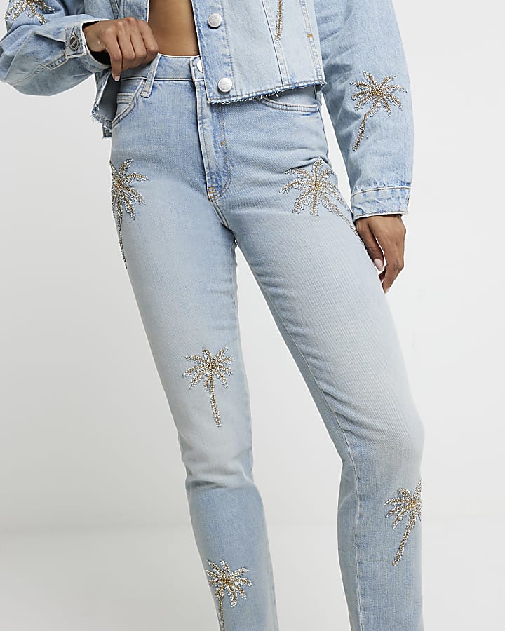 Blue slim straight fit embellished jeans