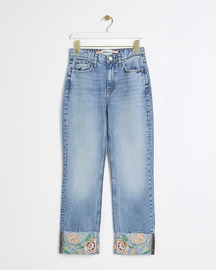 Blue embroidered stove pipe straight jeans