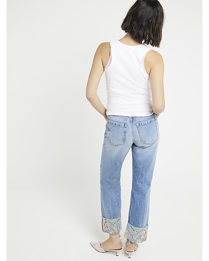 Blue embroidered stove pipe straight jeans