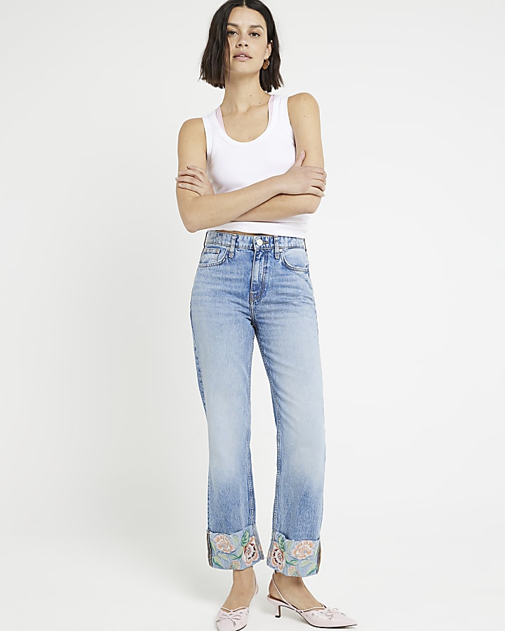 Blue embroidered stove pipe straight jeans