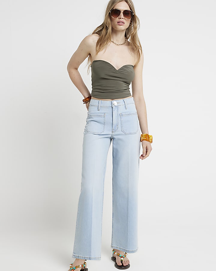 Blue Pocket Front Wide leg Crop Jeans