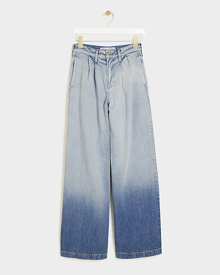 Blue Mid Rise Tailored Ombre Wide Fit Jeans