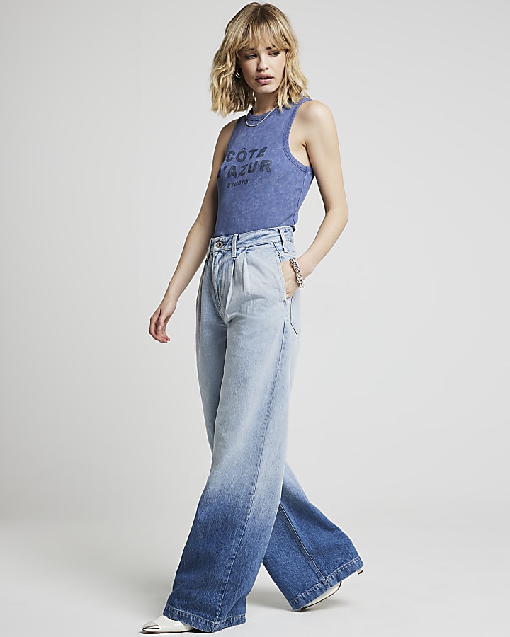 Blue Mid Rise Tailored Ombre Wide Fit Jeans