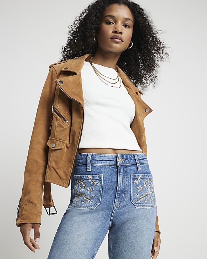 Blue high waisted embroidered flared jeans