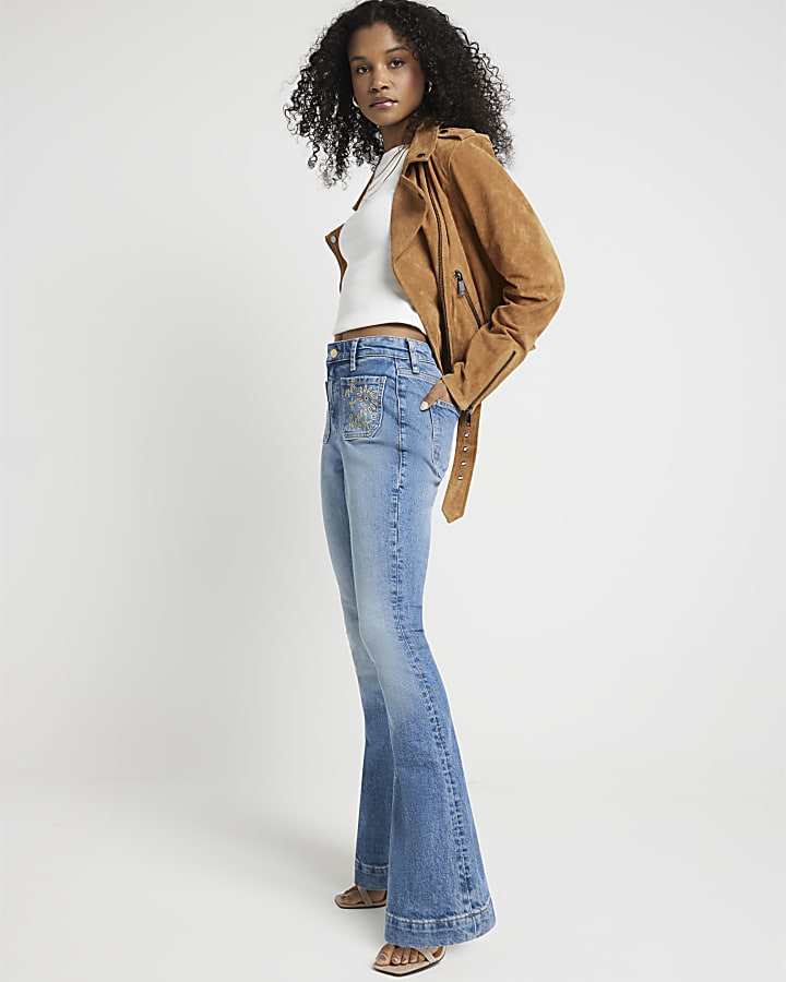 Blue high waisted embroidered flared jeans