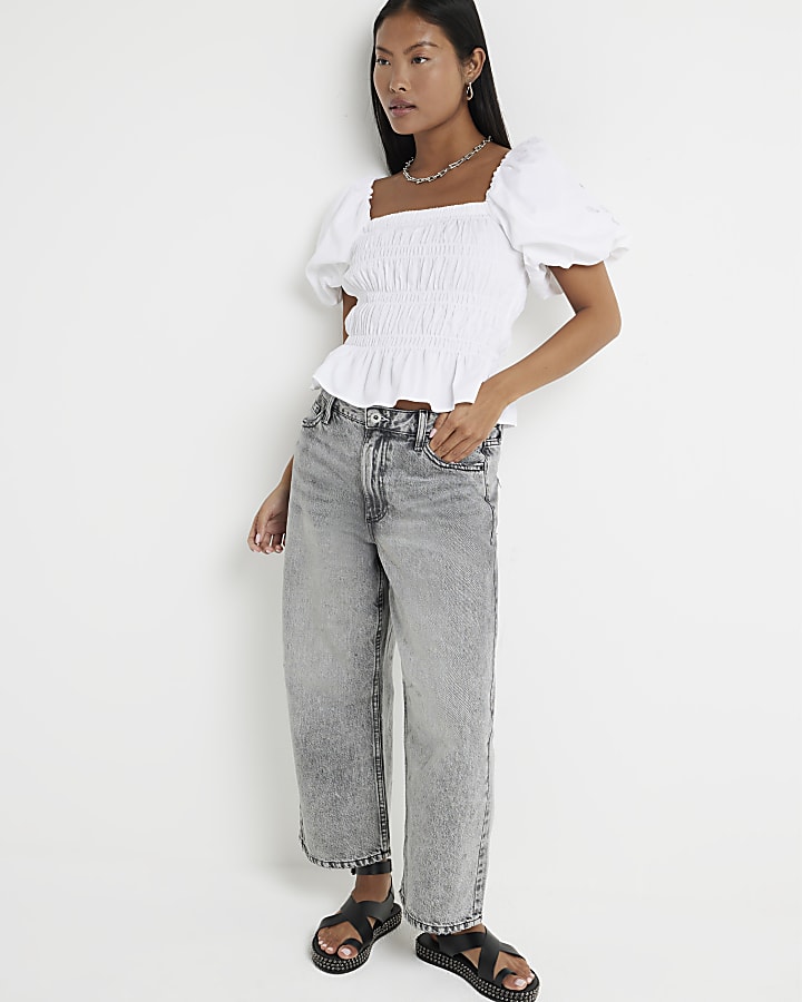 Petite Grey Relaxed Straight Fit Crop Jeans