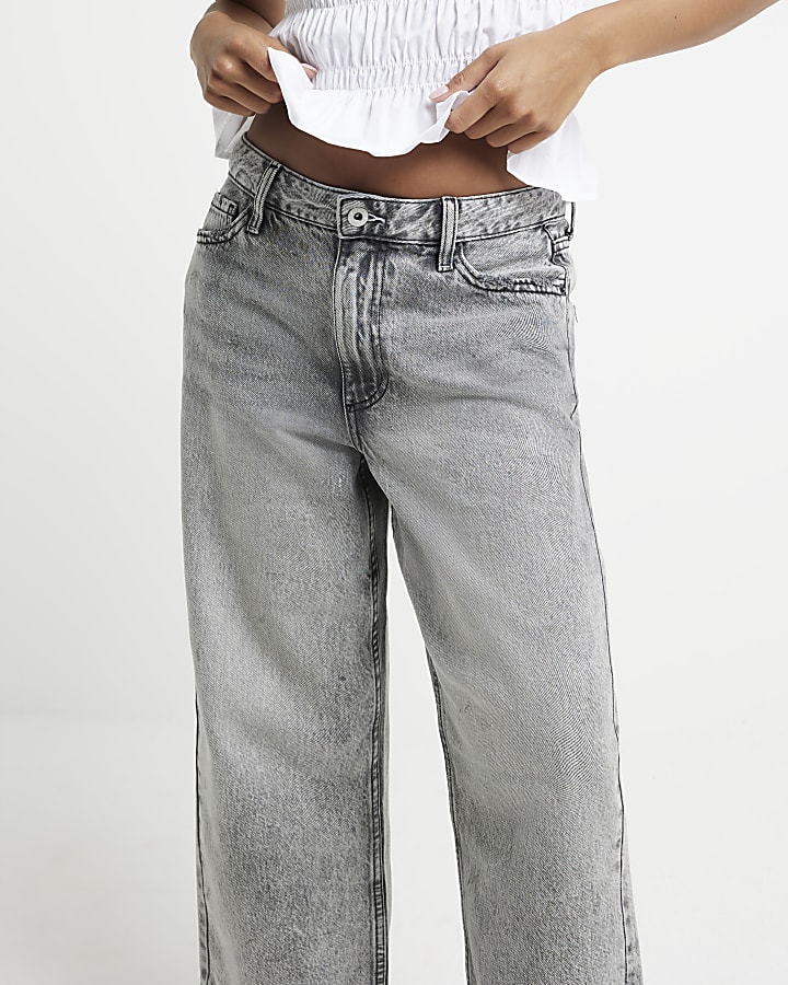 Petite Grey Relaxed Straight Fit Crop Jeans