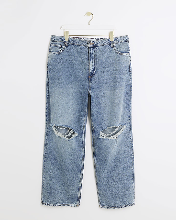 Plus Blue Ripped Relaxed Straight Jeans