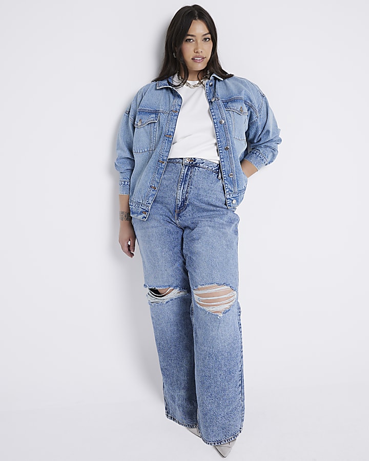 Plus Blue Ripped Relaxed Straight Jeans