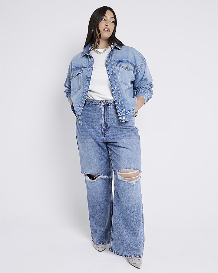 Plus Blue Ripped Relaxed Straight Jeans River Island