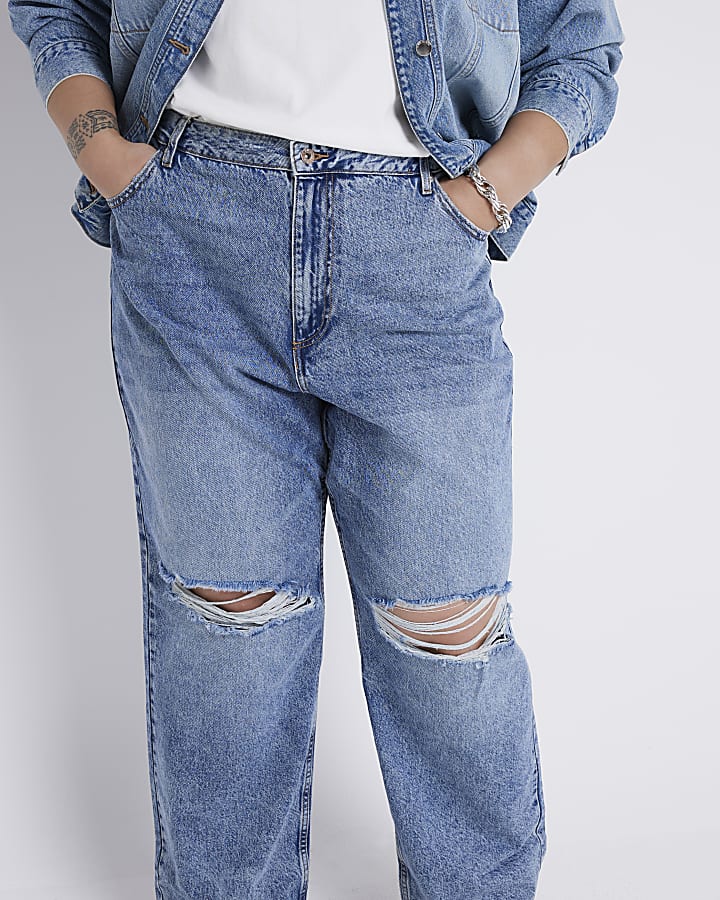 Plus Blue Ripped Relaxed Straight Jeans